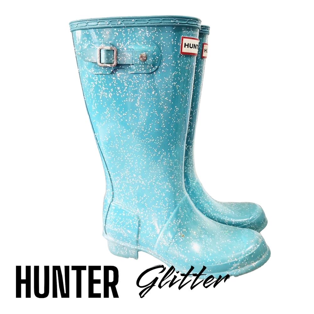 HUNTER Aqua Blue Glitter Buckle Pull On Outdoor Mud Rain Farm Boots Girls 4Y